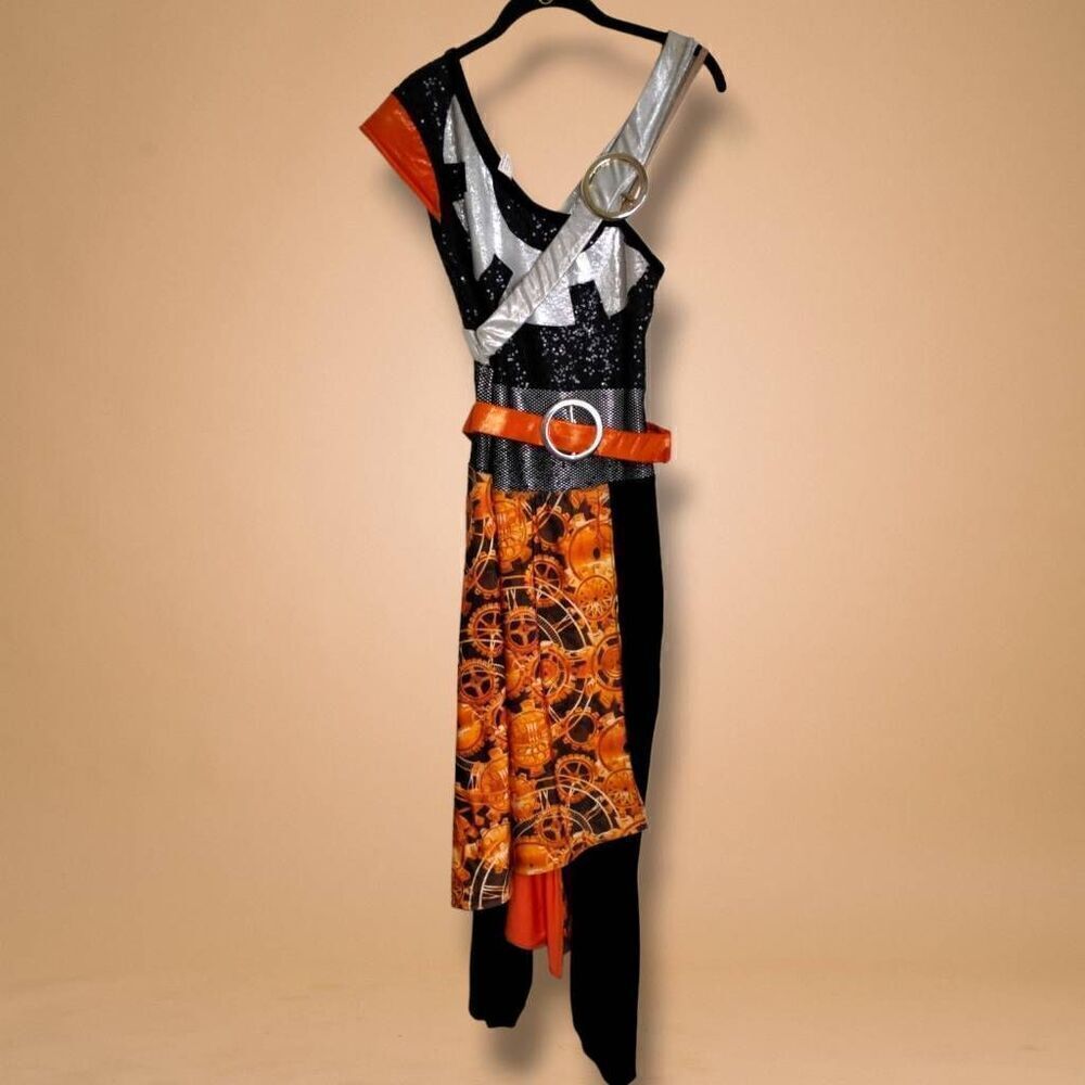Halloween Costume One Pc Sz‎ M Pullon Black Leggings Orange Skirt Silver Banner